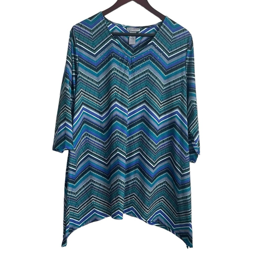 Catherines Women Boho Eclectic Tunic 1X Blue Chevron Sharkbite Rhinestone Artsy